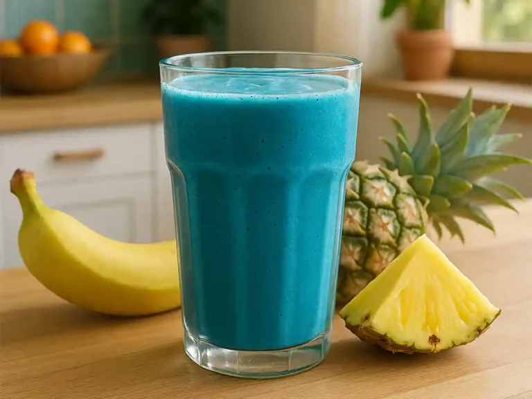 Blue spirulina smoothie with tropical fruits