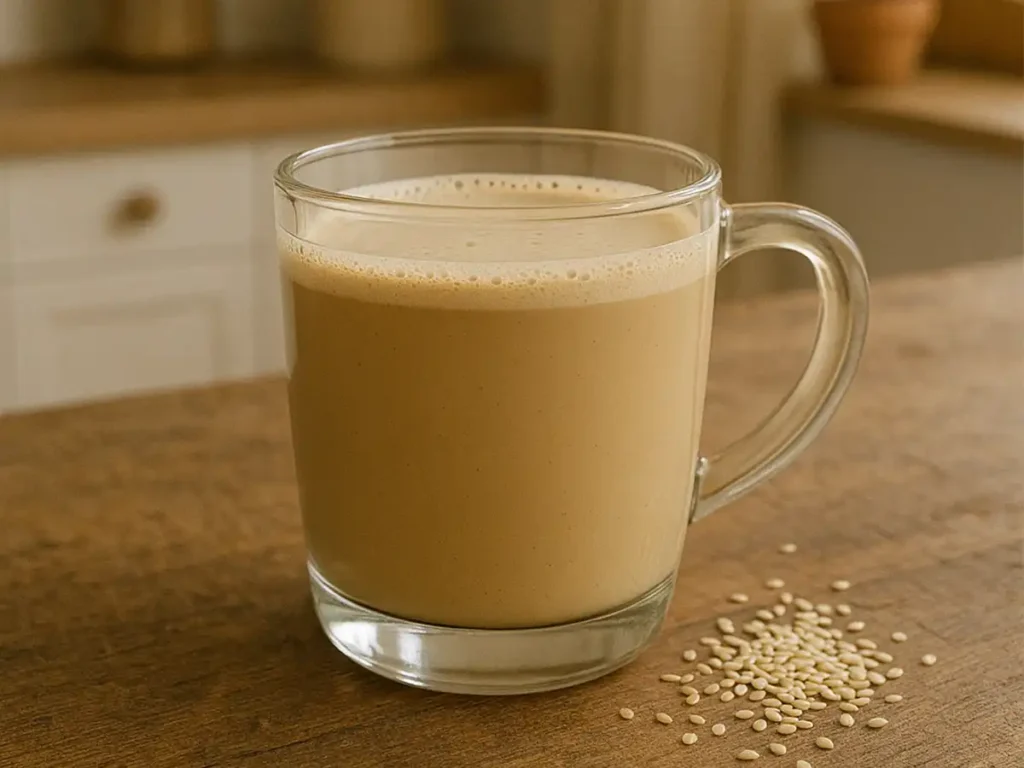 creamy tahini coffee in mug on rustic table